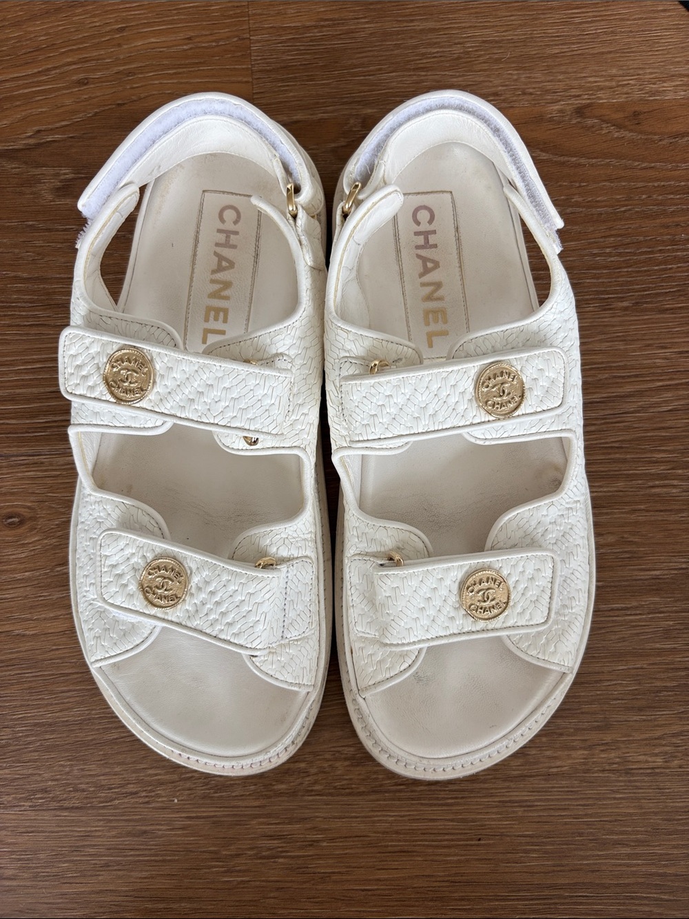 CHANEL White Leather Double-Strap Sandals with Gold Logo Buttons